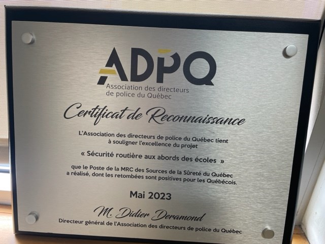 Le poste de la sureté du Québec de la MRC des Sources récipiendaire d’une reconnaissance de l’ADPQ