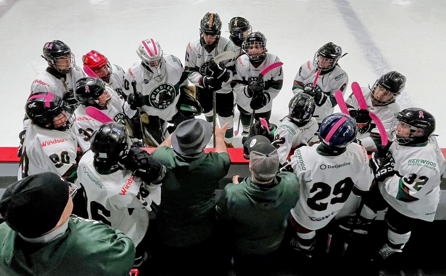 Les joueurs de l’équipe ont utilisé du ruban rose pour leur bâton de hockey.