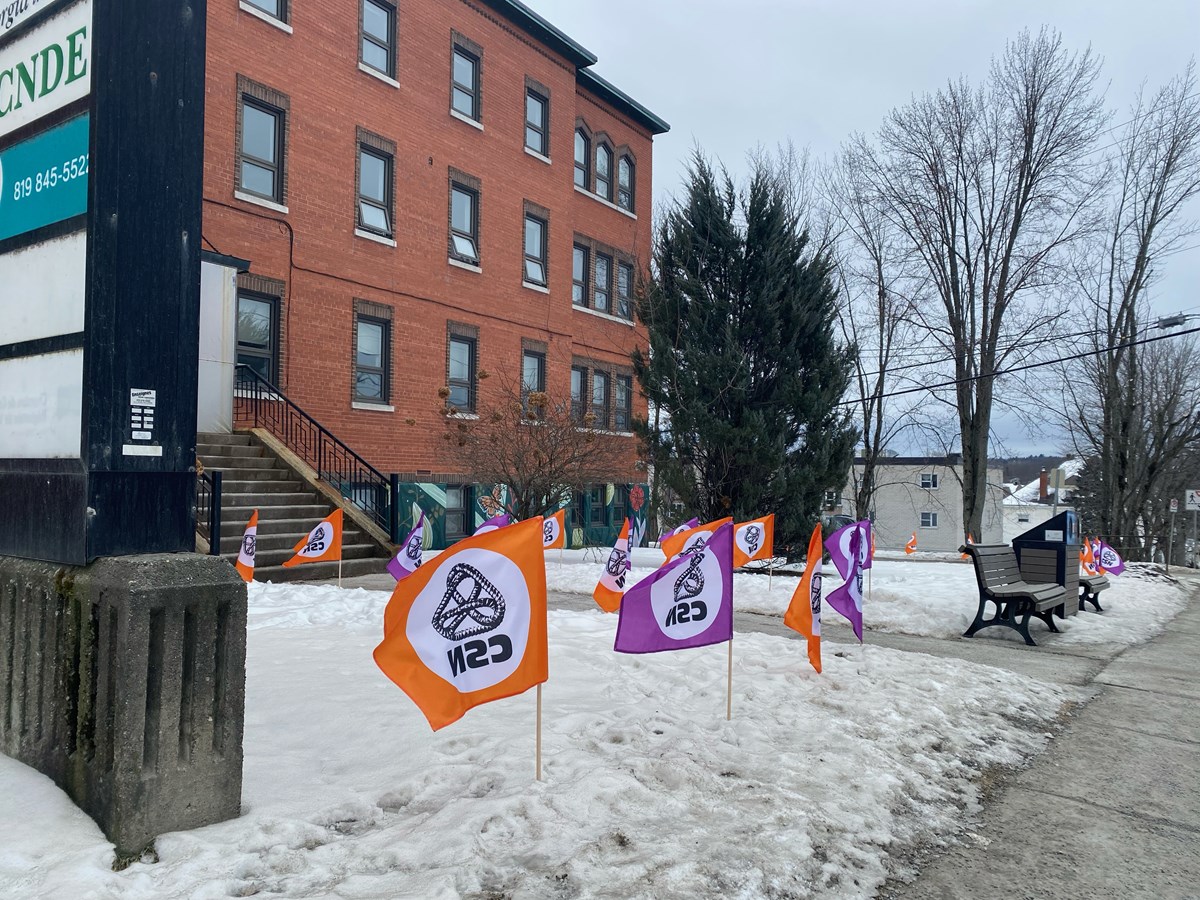 Des centaines de petits drapeaux de la CSN ont été déployés sur les terrains appartenant à la Ville de Windsor.