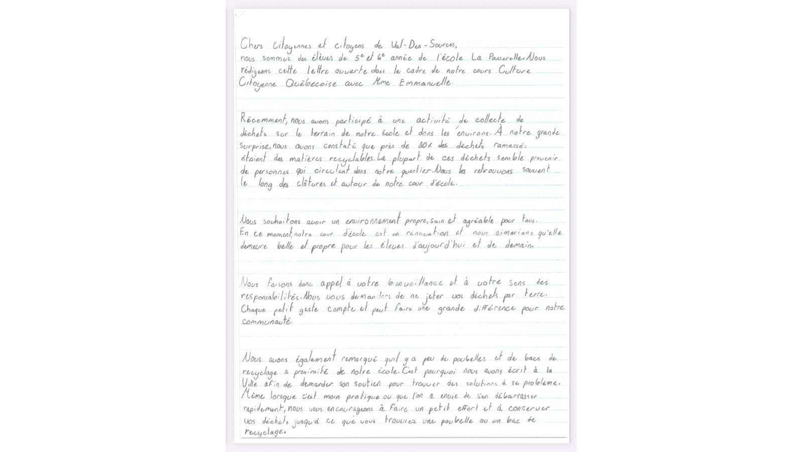 Une lettre ouverte des élèves de la Passerelle pour sensibiliser les élus et les gens de leur milieu